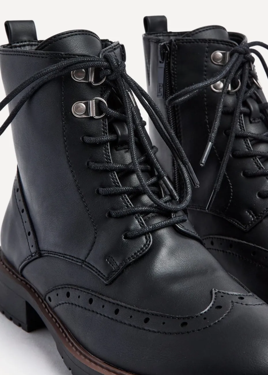 Linzi Kinsley Wide Fit Black Faux Leather Lace Up Military Boot