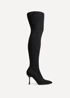 Linzi Laney Black Faux Suede Thigh High Strech Stiletto Heel Boot