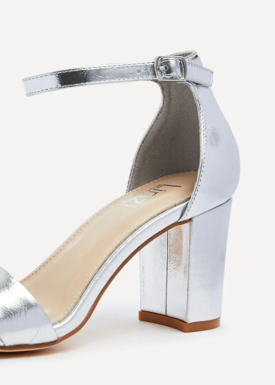 Linzi Legacy Wide Fit Silver Faux Leather Closed Black Block Heel