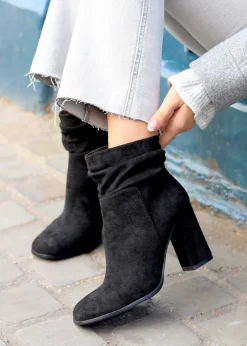 Linzi Mila Black Ruched Square Toe Block Heeled Ankle Boot