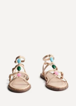 Linzi Mimi Sand Faux Leather Embellished Gladiator Flat Sandal