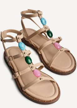 Linzi Mimi Sand Faux Leather Embellished Gladiator Flat Sandal