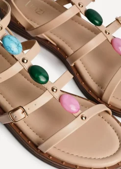 Linzi Mimi Sand Faux Leather Embellished Gladiator Flat Sandal