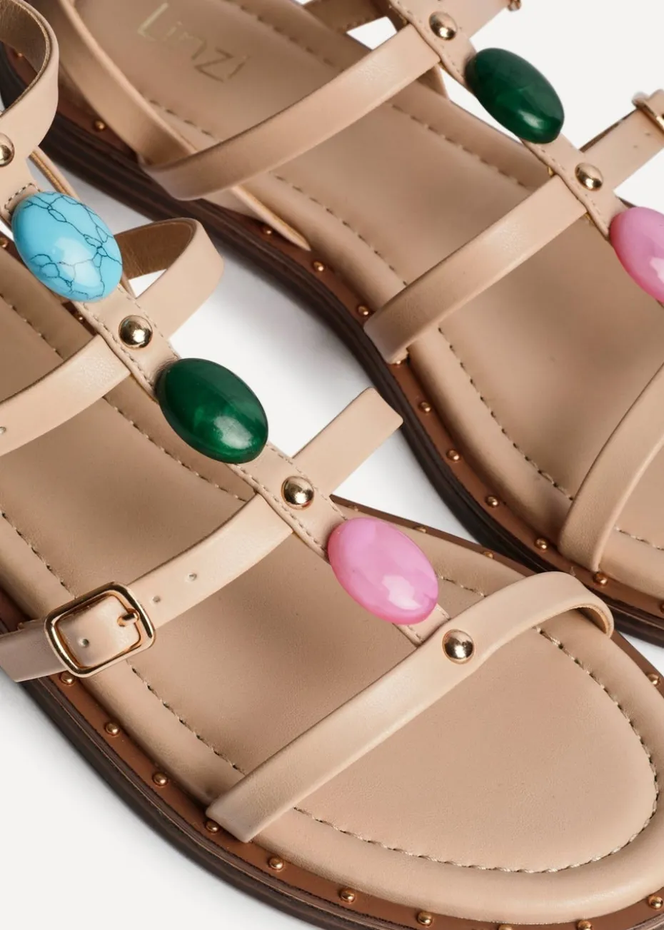 Linzi Mimi Sand Faux Leather Embellished Gladiator Flat Sandal