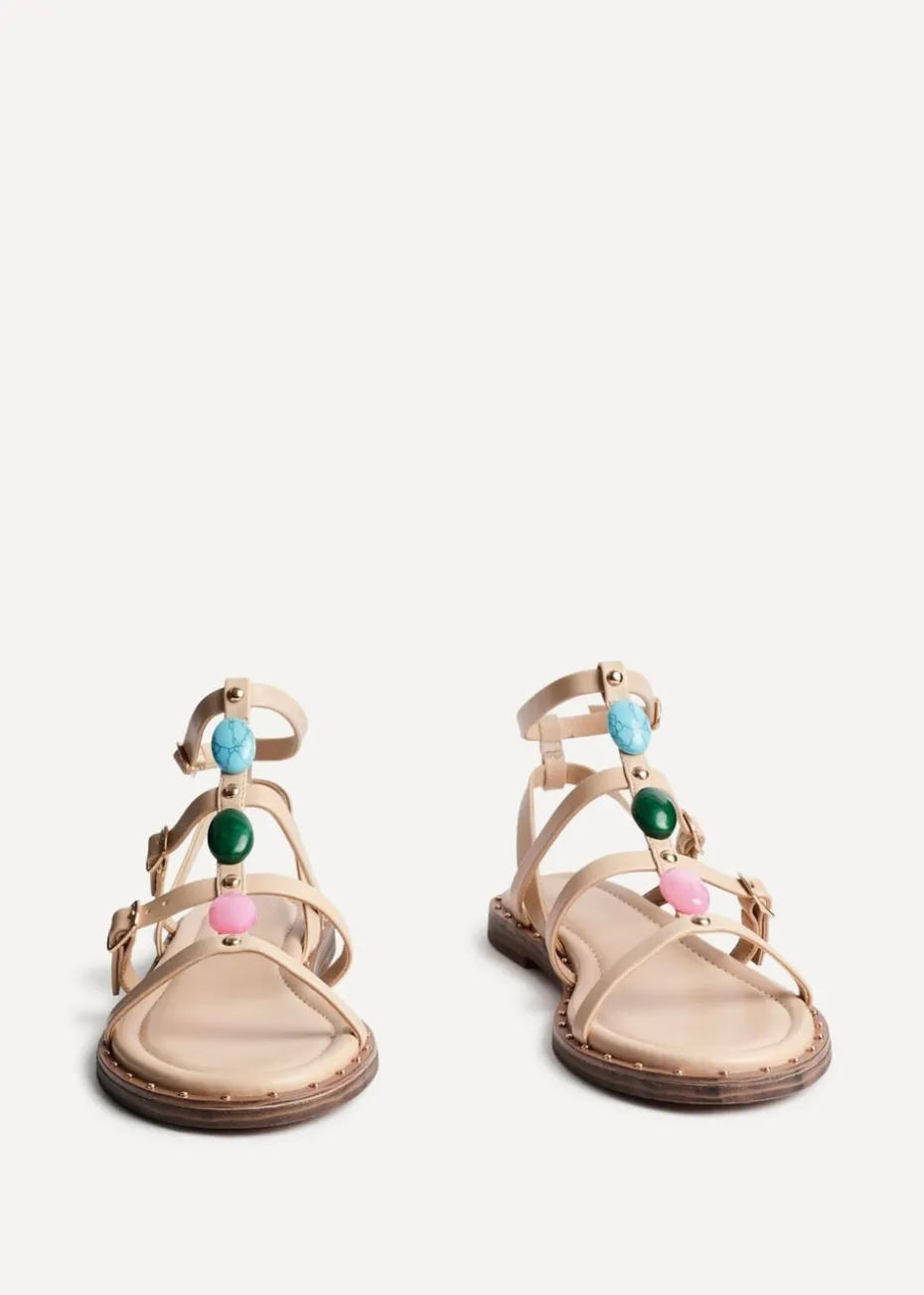 Linzi Mimi Sand Faux Leather Embellished Gladiator Flat Sandal