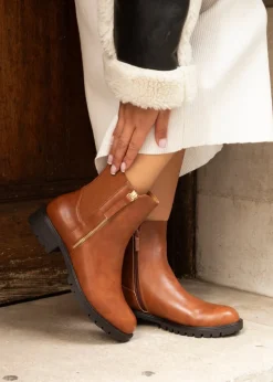 Linzi Peyton Tan Stretch Panel Ankle Boot & Outer Zip Detail