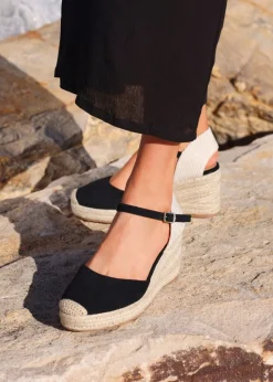 Linzi Present Black Faux Suede Closed Toe And Open Back Espadrille Wedge