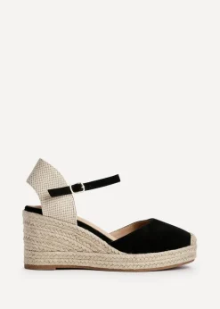 Linzi Present Black Faux Suede Closed Toe And Open Back Espadrille Wedge