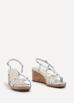 Linzi Safiya Silver Faux Leather Strappy Wedge Sandal