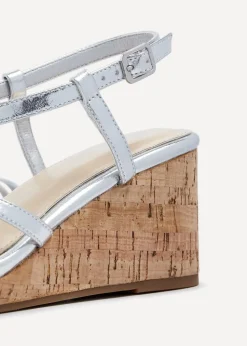 Linzi Safiya Silver Faux Leather Strappy Wedge Sandal