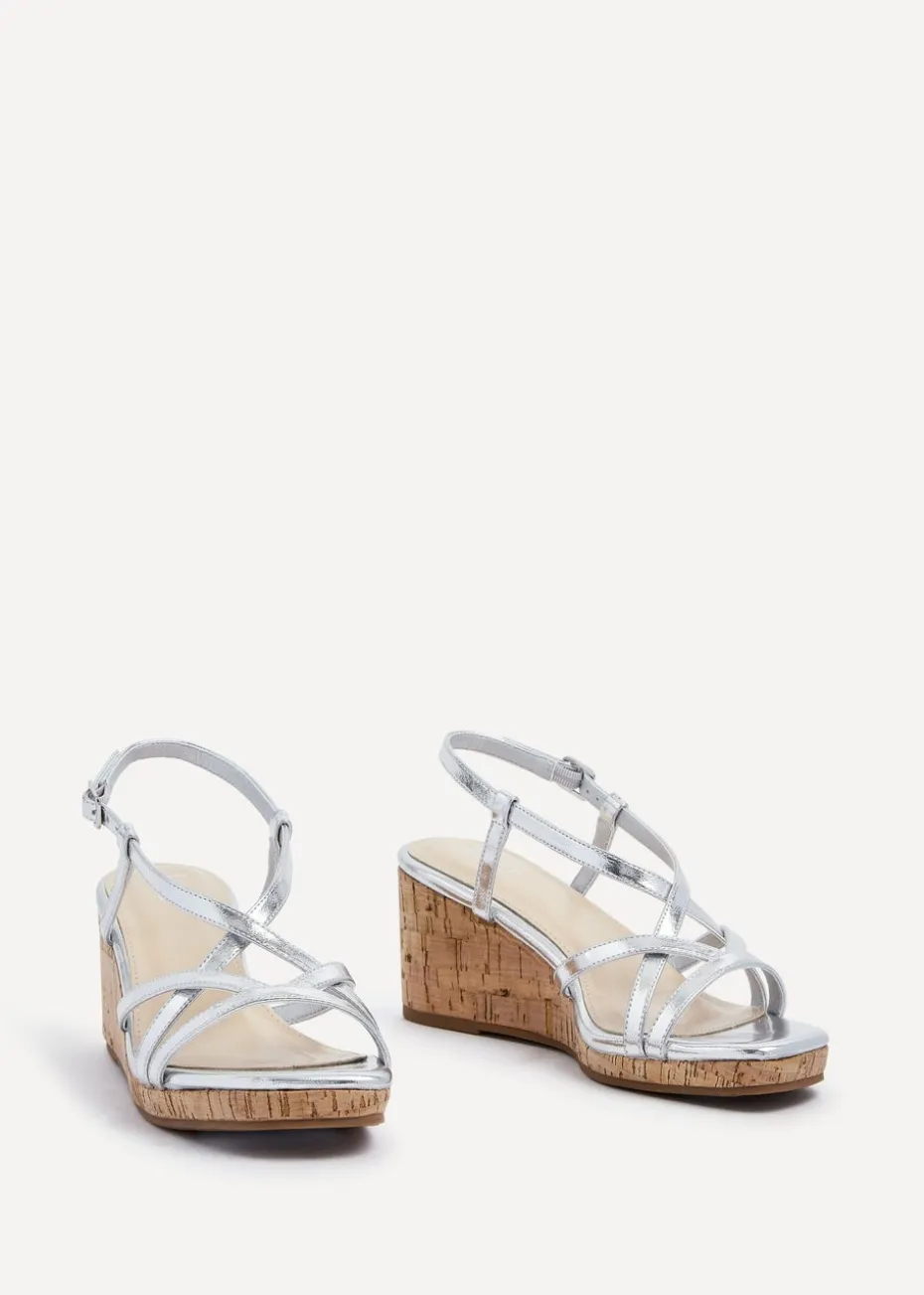 Linzi Safiya Silver Faux Leather Strappy Wedge Sandal
