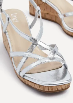 Linzi Safiya Silver Faux Leather Strappy Wedge Sandal