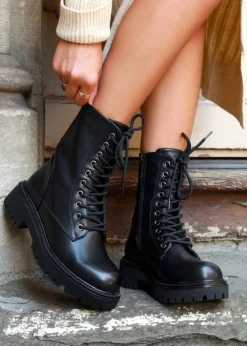 Linzi Samurai Black Faux Leather Lace Up Military Boot