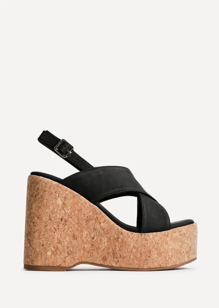 Linzi Santana Black Faux Leather Crossover High Platform Cork Wedge