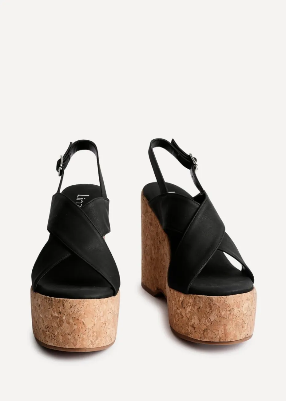 Linzi Santana Black Faux Leather Crossover High Platform Cork Wedge