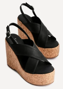 Linzi Santana Black Faux Leather Crossover High Platform Cork Wedge