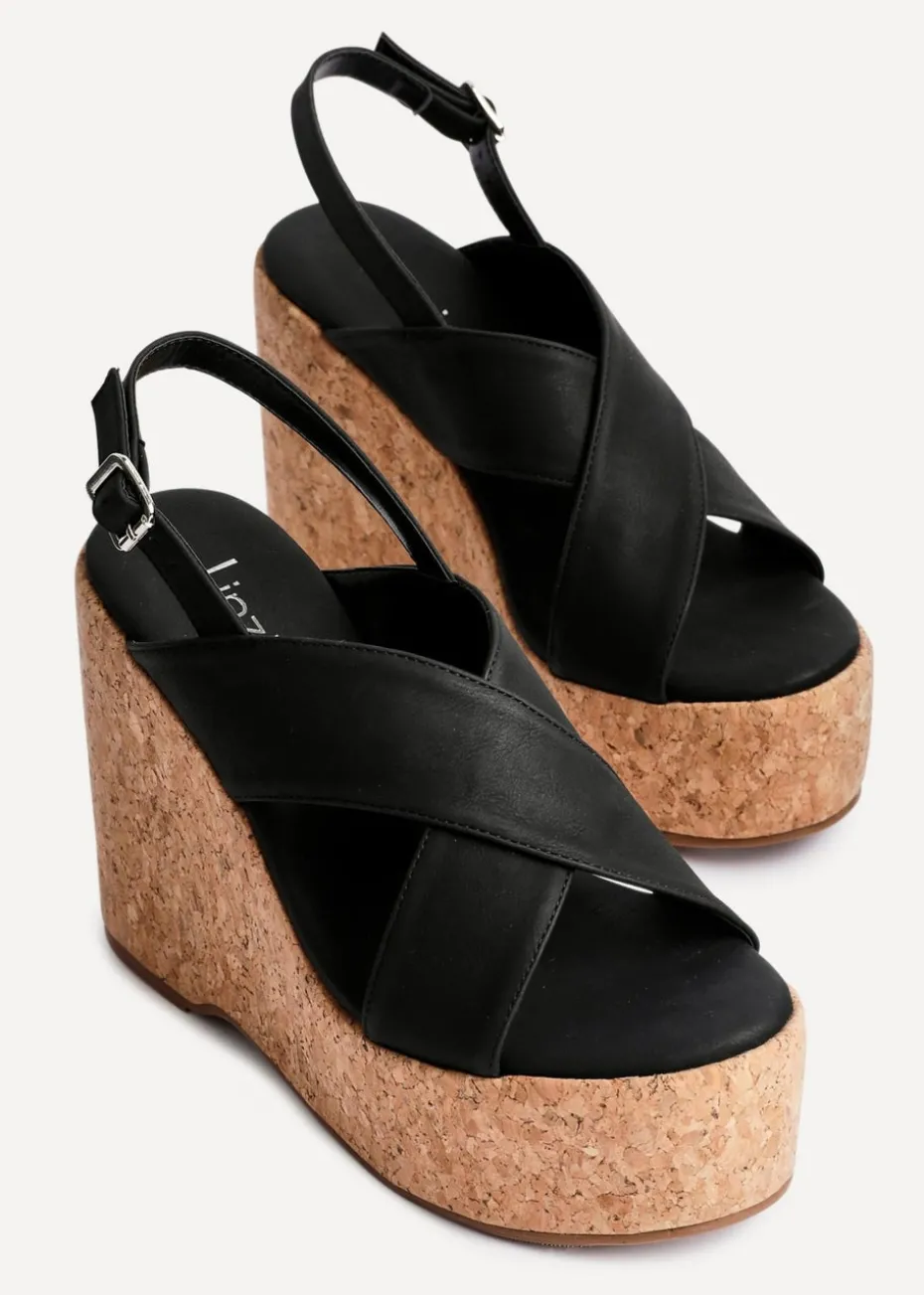 Linzi Santana Black Faux Leather Crossover High Platform Cork Wedge