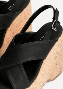 Linzi Santana Black Faux Leather Crossover High Platform Cork Wedge