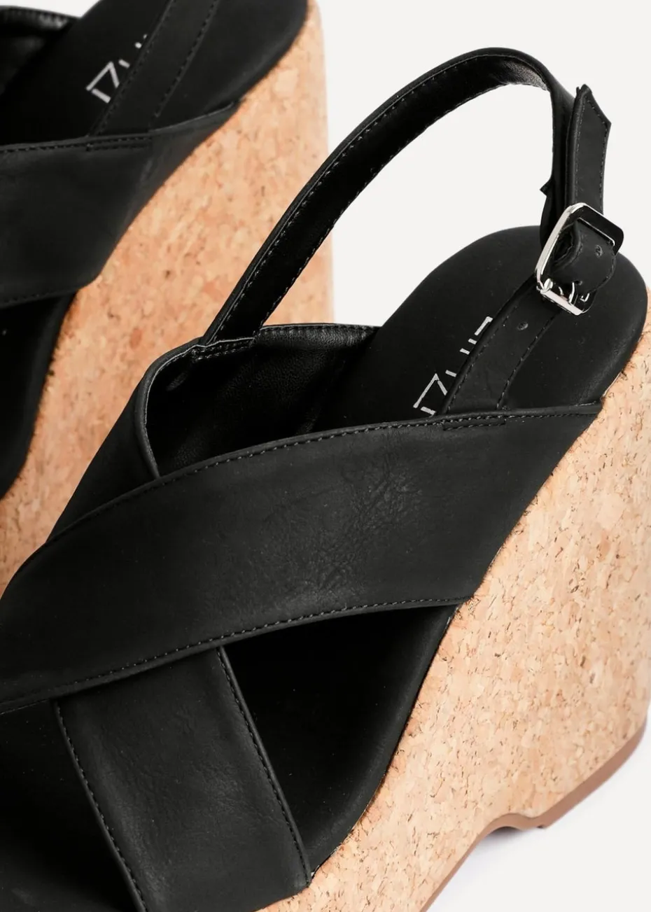 Linzi Santana Black Faux Leather Crossover High Platform Cork Wedge