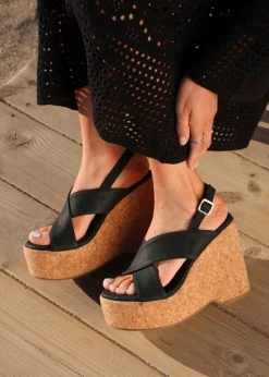 Linzi Santana Black Faux Leather Crossover High Platform Cork Wedge