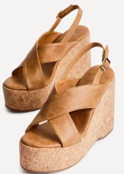Linzi Santana Tan Faux Leather Crossover High Platform Cork Wedge