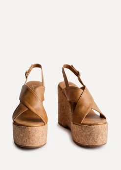 Linzi Santana Tan Faux Leather Crossover High Platform Cork Wedge