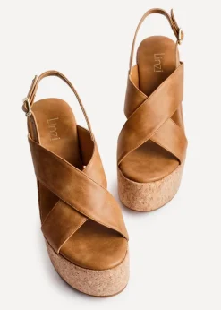 Linzi Santana Tan Faux Leather Crossover High Platform Cork Wedge