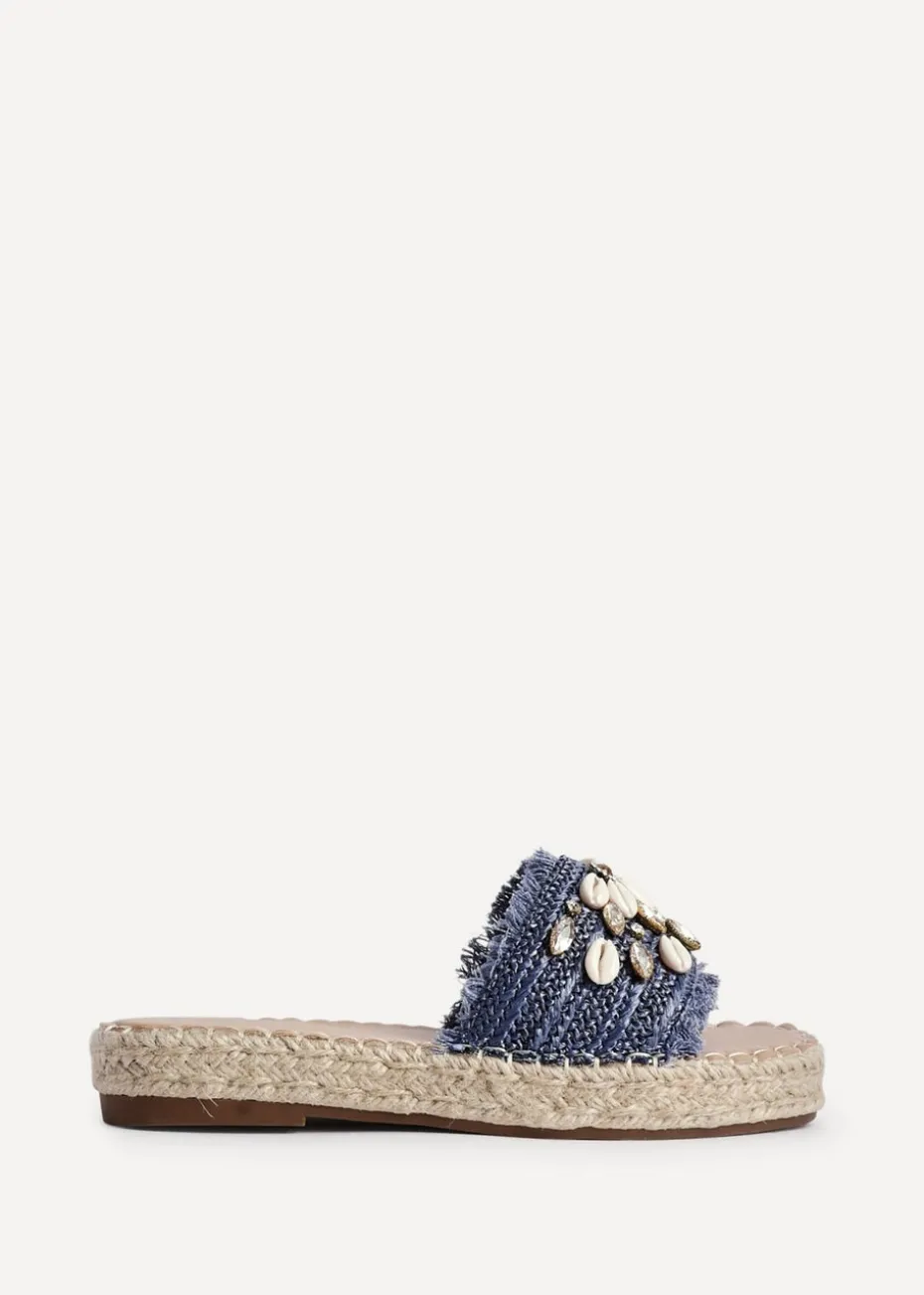 Linzi Seaside Blue Raffia Shell Embellished Flat Slider