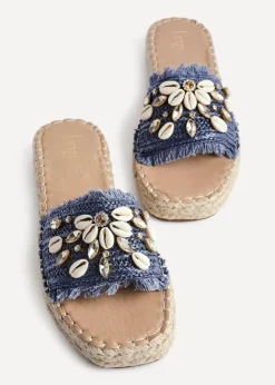 Linzi Seaside Blue Raffia Shell Embellished Flat Slider