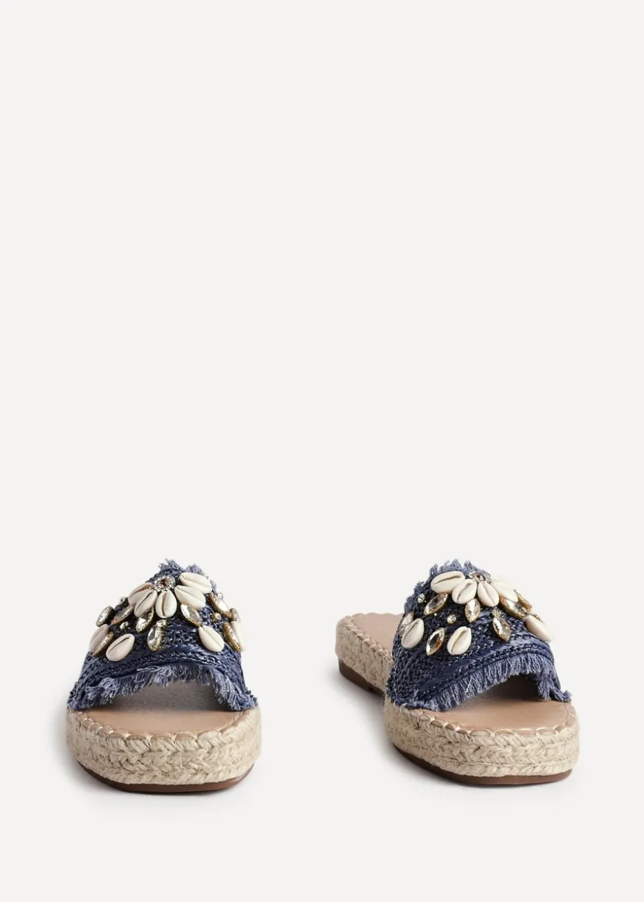 Linzi Seaside Blue Raffia Shell Embellished Flat Slider