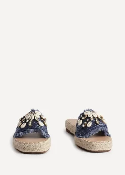 Linzi Seaside Blue Raffia Shell Embellished Flat Slider