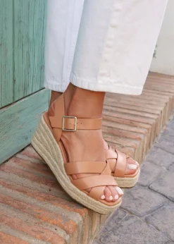 Linzi Sheena Tan Faux Leather Crossover Espadrille Platform Wedge