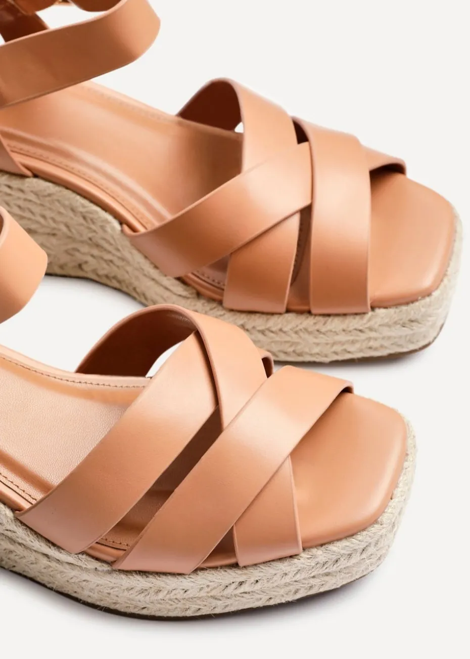 Linzi Sheena Tan Faux Leather Crossover Espadrille Platform Wedge