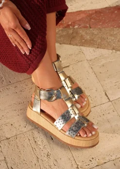 Linzi Sunkissed Gold Faux Leather Gladiator Flatform Sandal