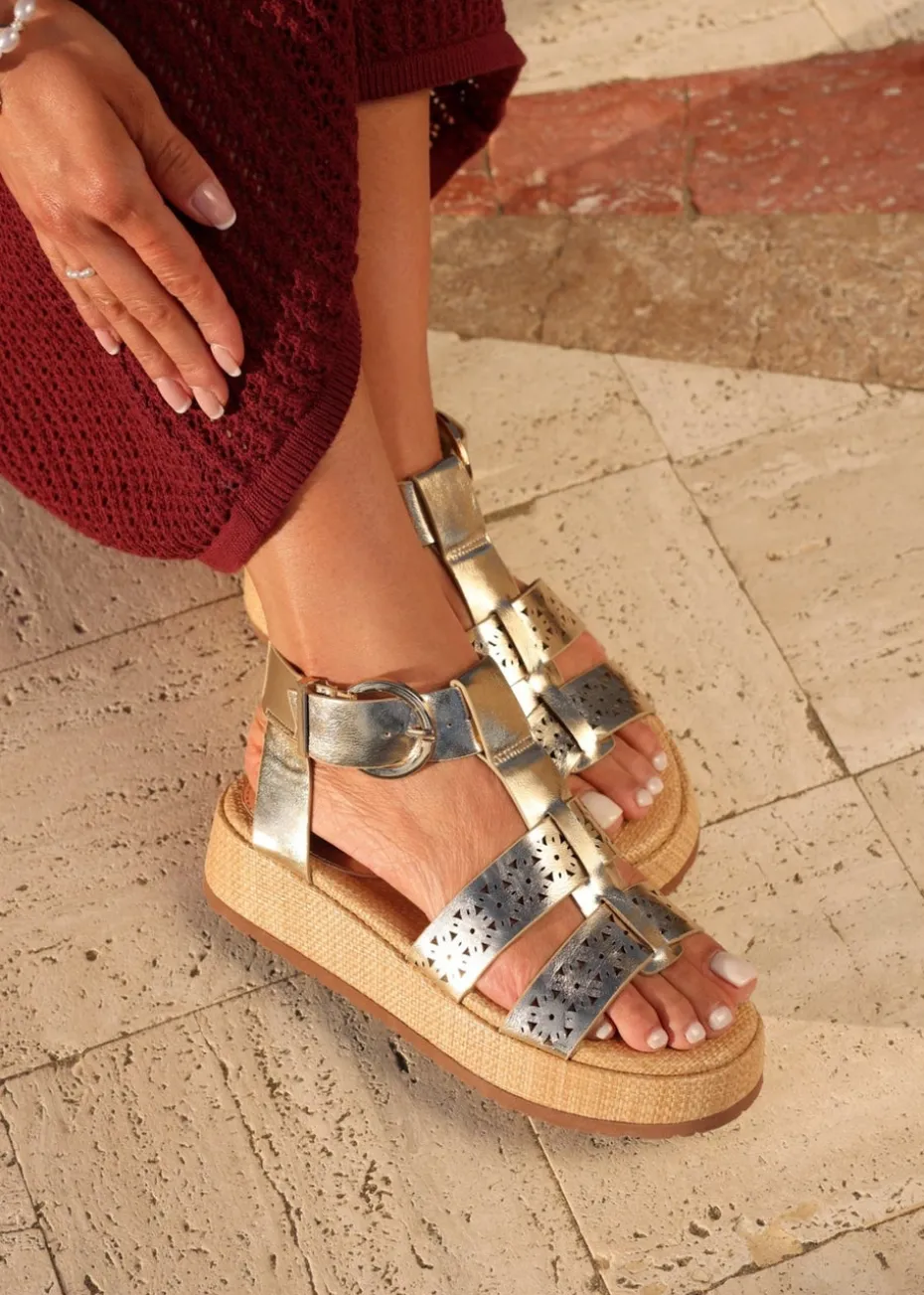 Linzi Sunkissed Gold Faux Leather Gladiator Flatform Sandal