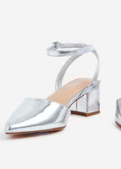 Linzi Suzy Wide Fit Silver Faux Leather Court Heel