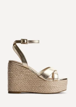 Linzi Tahiti Gold Faux Leather Crossover Espadrille Wedge