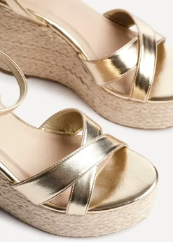 Linzi Tahiti Gold Faux Leather Crossover Espadrille Wedge