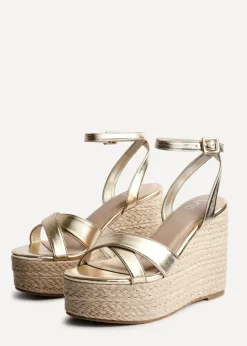 Linzi Tahiti Gold Faux Leather Crossover Espadrille Wedge