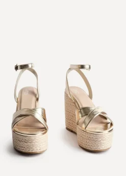Linzi Tahiti Gold Faux Leather Crossover Espadrille Wedge