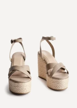 Linzi Tahiti Taupe Faux Leather Crossover Espadrille Wedge