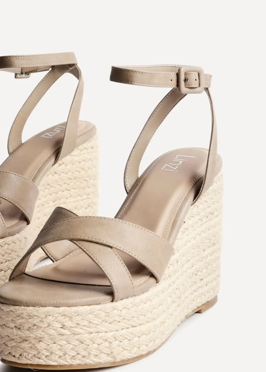 Linzi Tahiti Taupe Faux Leather Crossover Espadrille Wedge