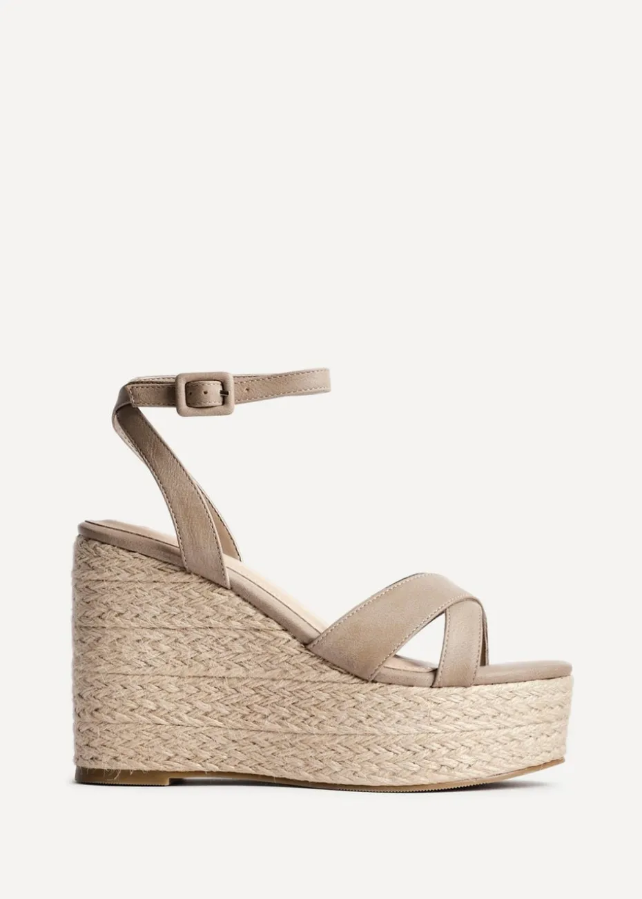 Linzi Tahiti Taupe Faux Leather Crossover Espadrille Wedge