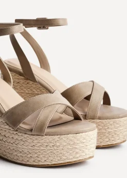 Linzi Tahiti Taupe Faux Leather Crossover Espadrille Wedge