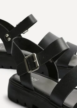 Linzi Tayla Wide Fit Black Faux Leather Gladiator Style Two Strap Sandal