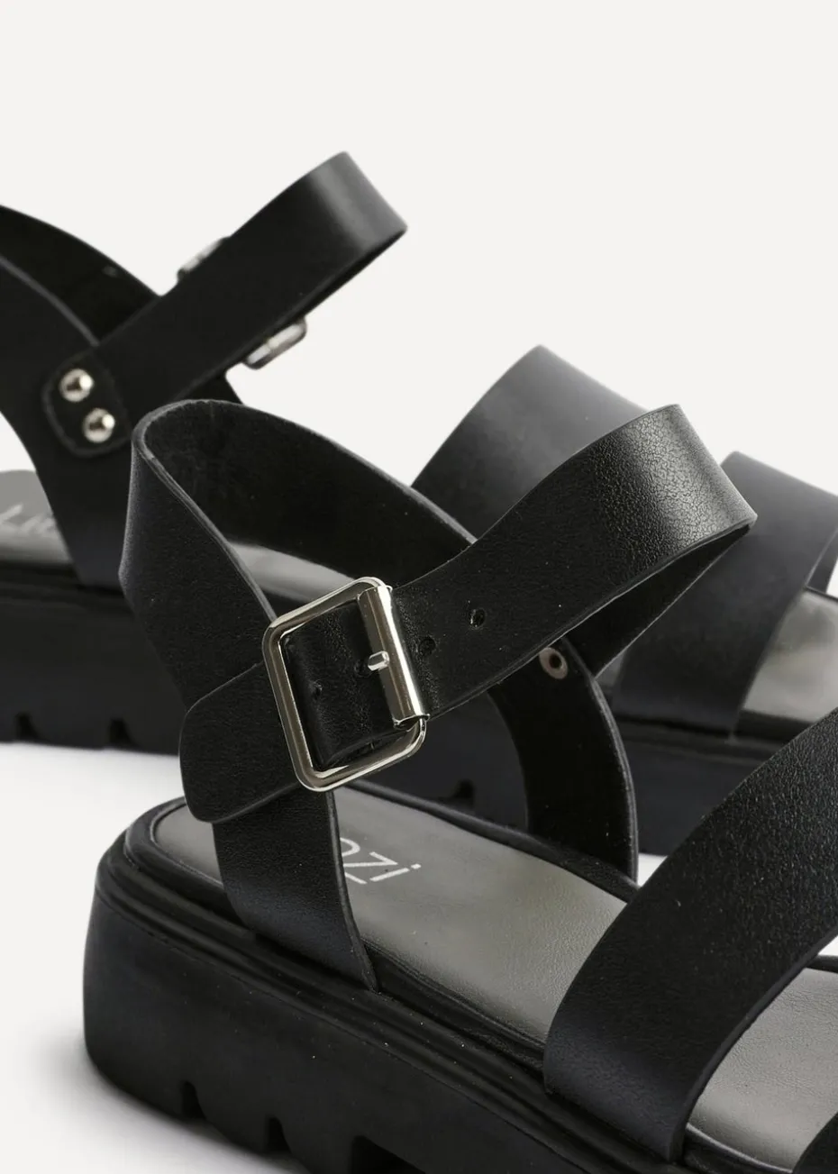 Linzi Tayla Wide Fit Black Faux Leather Gladiator Style Two Strap Sandal