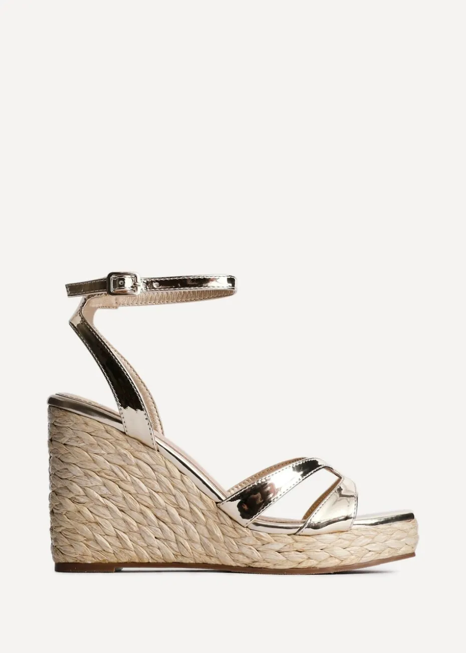 Linzi Tequila Gold Faux Leather Crossover Espadrille Inspired Wedge