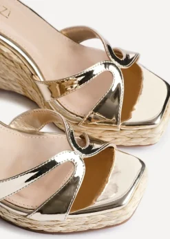 Linzi Tequila Gold Faux Leather Crossover Espadrille Inspired Wedge