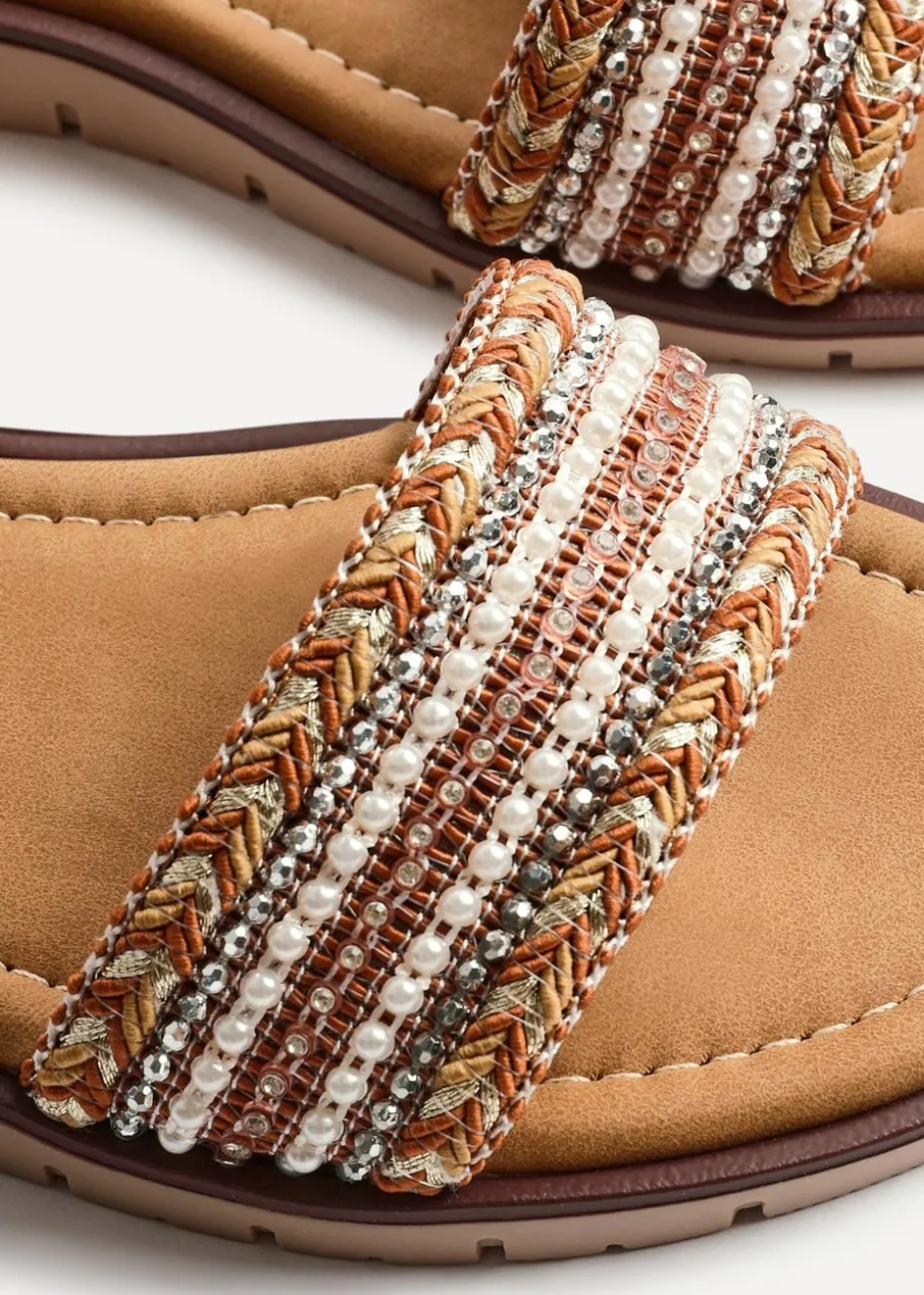 Linzi Topaz Wide Fit Tan Raffia Embellished Flat Sandals