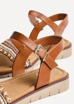 Linzi Topaz Wide Fit Tan Raffia Embellished Flat Sandals